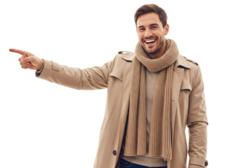 portrait of a handsome young man in winter fashion pointing something isolated on white
