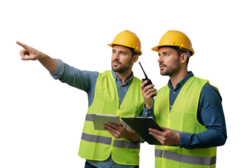 Two construction workers working together with clipboard and tablet isolated on white