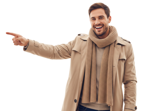 portrait of a handsome young man in winter fashion pointing something i‌solated on white