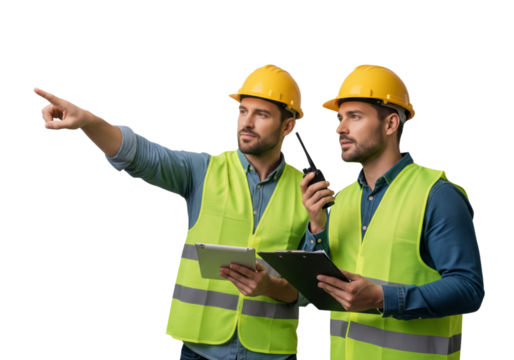 Two construction workers working together with clipboard and tablet i‌solated on white