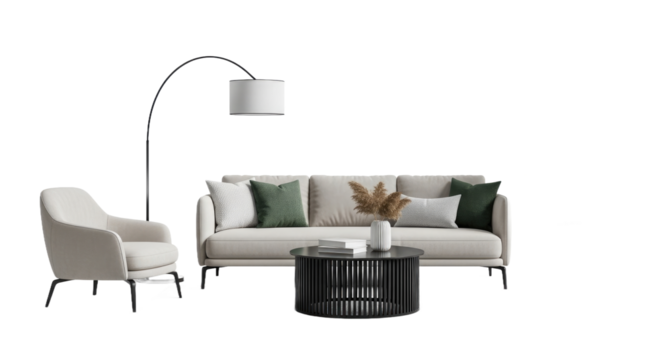 Elegant Living Room Interior with Modern Sofa, Armchair, and Decor