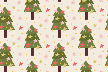 Cute festive pattern with Christmas tree and stars. Vector hand-drawn illustration in a flat style. Perfect for holiday and season designs, cards, decorations,  wallpaper, wrapping paper, textile.