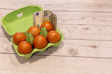Egg carton with euro banknote showing food price rising