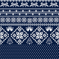 Pixel Seamless Nordic Christmas Snowflake and Ribbon Pattern Blue White