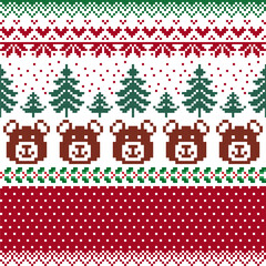 Pixel Seamless Christmas Nordic Pattern with Bear and Christmas Trees