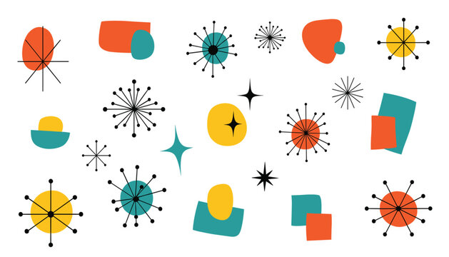 A vibrant collection of mid century modern atomic starbursts and abstract shapes in orange teal and yellow on a white background
