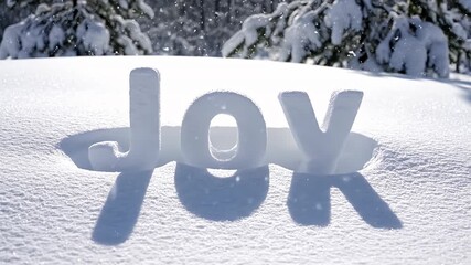 Beautiful Winter Scene with JOY Carved in Fresh Snow Featuring Gently Falling Snowflakes and Sunlit Snowy Pine Trees Perfect for Christmas Holiday Messages - Powered by Adobe