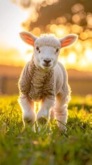 Obraz premium Adorable Lamb in Golden Sunlight Grazing in Green Pasture a Symbol of New Life and Springtime Innocence.