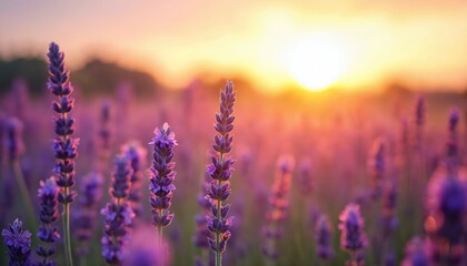 Lavender field at sunset. Purple flowers bloom in warm golden light. Peaceful nature scene with soft focus and vibrant colors. Gentle breeze rustles petals, creating calm ambiance.