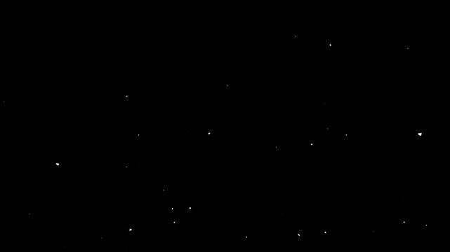 Slow motion real dust particles floating in air over isolated black background. Isolated falling snow, dust particles flowing up on transparent background with alpha channel. 