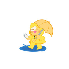 Cheerful Cartoon Cat Character in Yellow Raincoat with Umbrella Illustration