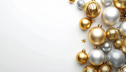 Diseño con bolas y adornos navideños sobre fondo liso blanco para felicitacion y tarjeta de navidad con espacio para textonavidad, felicitacion, tarjeta, crismas, navideña, fin de año, año nuevo, bola