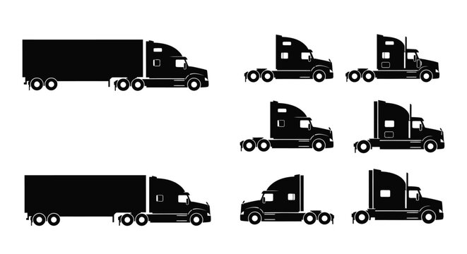 Black silhouettes of various semi trucks and tractor trailers shown