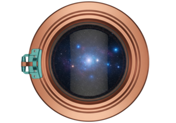 Steampunk porthole with galaxy view isolated PNG, copper frame and turquoise hinge, nautical window to outer space on transparent background