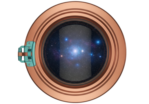 Steampunk porthole with galaxy view isolated PNG, copper frame and turquoise hinge, nautical window to outer space on transparent background