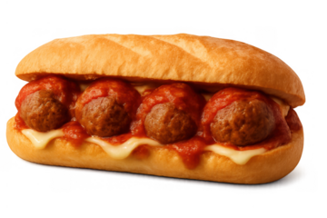 Meatball submarine sandwich with marinara sauce and melted cheese in a crusty roll on a transparent background
