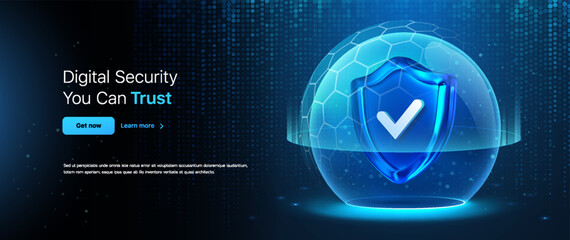 Data Protection Shield With Verified Checkmark Inside. Cybersecurity Shields For Maximum Protection. Cyber Security Vector Safety Shpere and Blue Shield on Dark Blue Technology Background. © Oleg