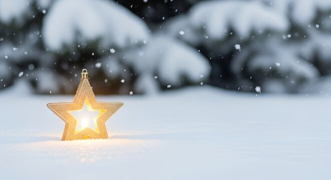 Warm glowing star ornament in deep snowy forest with soft snowfall, creating a cozy magical winter holiday atmosphere and festive mood