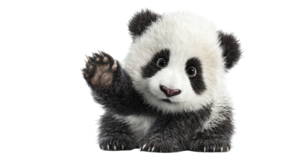 Close-up front view of an 18-month-old giant panda, a wild mammal, isolated on a white background