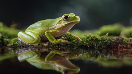 Fototapeta premium Green frog reflection