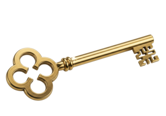 Ornate golden key PNG isolated on transparent background, antique style passkey for security and unlocking concepts