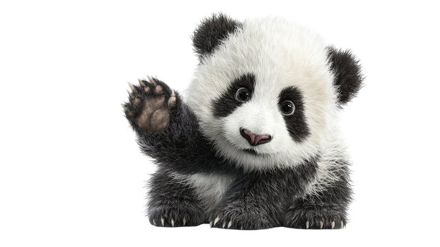 Close-up front view of an 18-month-old giant panda, a wild mammal, isolated on a white background