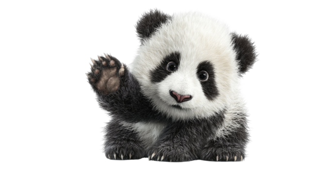 Close-up front view of an 18-month-old giant panda, a wild mammal, isolated on a white background