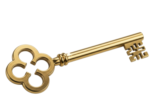 Ornate golden key PNG isolated on transparent background, antique style passkey for security and unlocking concepts
