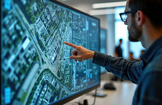 Architect shows urban development plan on screen. Engineer touches city infrastructure visualisation. Specialist works with digital blueprint, modern software. Urban planning expert presents