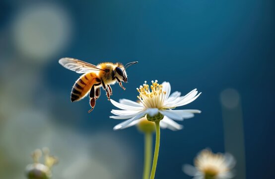 Backlit honey bee flies toward white flower with wings blurred by motion. Insect collects nectar, pollinates blossom. Macro shot captures nature detail.