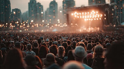 Obraz premium Large crowd at an outdoor concert with stage and city skyline background