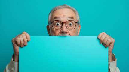 Surprised senior man holding blank sign with copy space on blue background