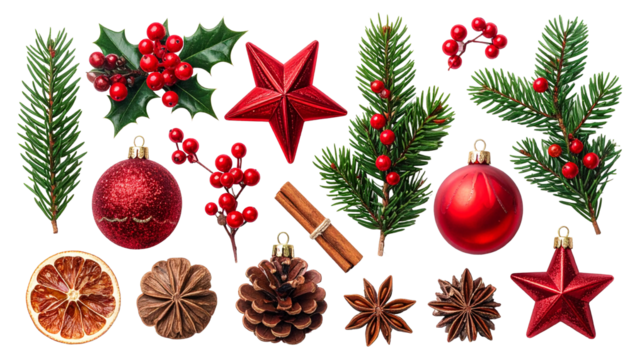 Christmas Holiday Flat Lay with Natural Fir Branches, Holly, Red Ornaments, Pine Cones, and Holiday Spices