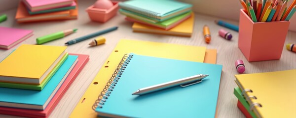 Colorful notebooks and pens arranged on a table. School supplies including notepads, pencils, crayons. Stationery items neatly organized on a desk. Educational materials for learning and creativity.