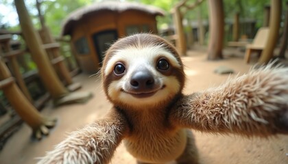 Obraz premium Baby sloth takes a selfie using a fish-eye lens. The cute mammal with long arms poses in a jungle like environment. Wildlife photo features an adorable animal in its natural habitat.