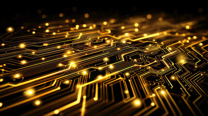 ゴールドの電子回路が光るテクノロジー背景
