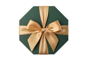 Elegant octagon gift box with golden ribbon isolated PNG, luxury present for special occasions on transparent background