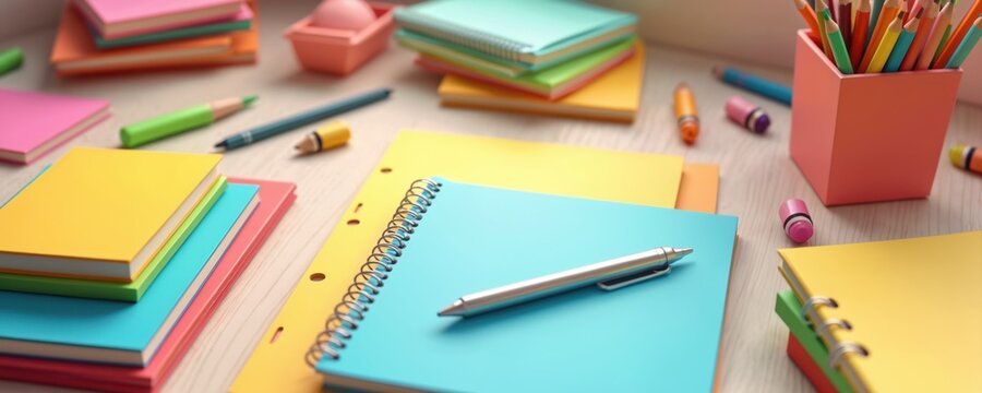 Colorful notebooks and pens arranged on a table. School supplies including notepads, pencils, crayons. Stationery items neatly organized on a desk. Educational materials for learning and creativity.