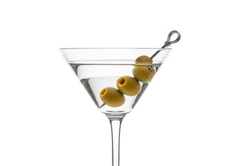 Classic martini cocktail with green olives isolated PNG, elegant alcoholic drink on transparent background for bar menu and party invitations