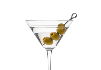 Classic martini cocktail with green olives isolated PNG, elegant alcoholic drink on transparent background for bar menu and party invitations