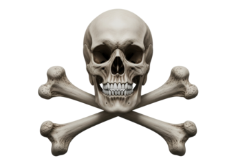 Realistic skull and crossbones PNG isolated on transparent background, pirate symbol for Halloween and horror themes