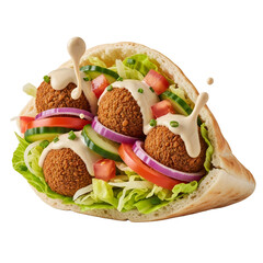 Delectable Falafel Pita Sandwich with Fresh Vegetables and a Creamy Tahini Drizzle Isolated