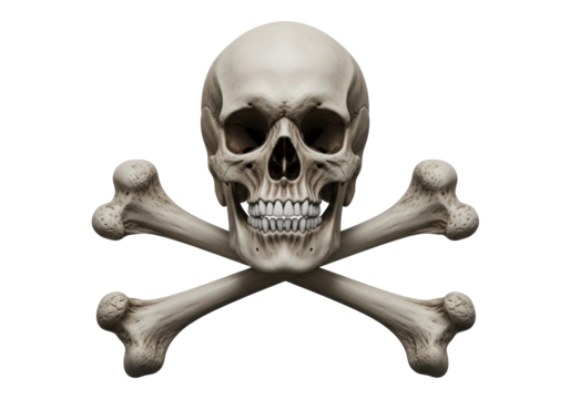 Realistic skull and crossbones PNG isolated on transparent background, pirate symbol for Halloween and horror themes