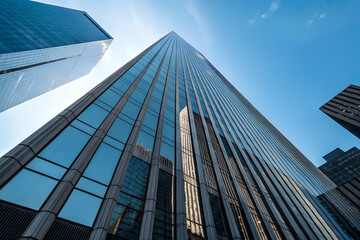 Upward architectural view of a contemporary skyscraper with sleek lines and reflective surfaces. Ideal for corporate branding, finance, innovation, real estate marketing, and urban development themes.