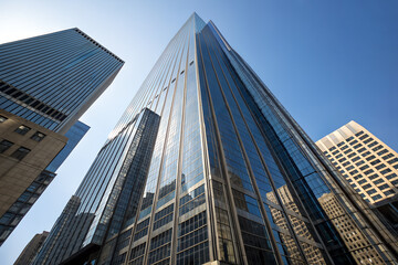 Upward view of a tall glass skyscraper reflecting the city skyline. Strong corporate, finance, and real estate visual ideal for business presentations, architecture portfolios, and commercial use.
