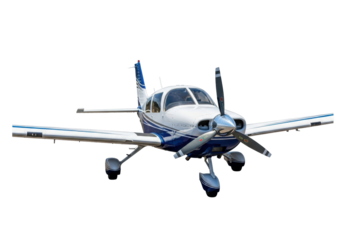 Blue and white single-engine airplane PNG isolated on transparent background, light aircraft for travel and private aviation