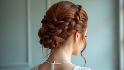 Woman red hair updo. Braided hairstyle for wedding or event. Elegant bridal hair with intricate braids and bun. Fashionable hair design for a special occasion. Beautiful woman back view.