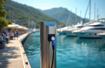 Electric boat charging station on a pier in a marina with luxury yachts. Modern silver metal charging pedestal with a blue and black cable. Harbour with boats and mountains in the background.