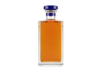 Rectangular whiskey bottle with blue cap isolated PNG on transparent background, amber liquor in glass container for bar and spirits