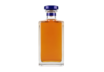 Rectangular whiskey bottle with blue cap isolated PNG on transparent background, amber liquor in glass container for bar and spirits